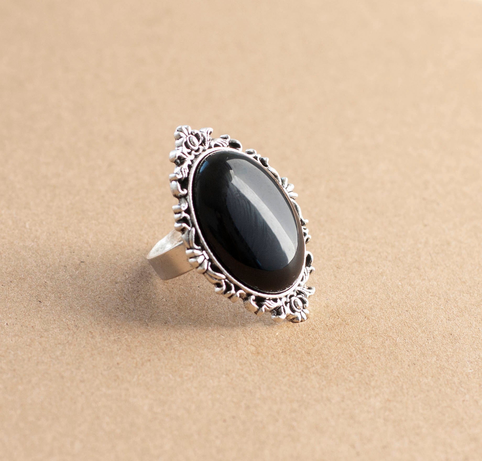 Gothic Victorian Black Onyx filigree Ring Decadent Designs