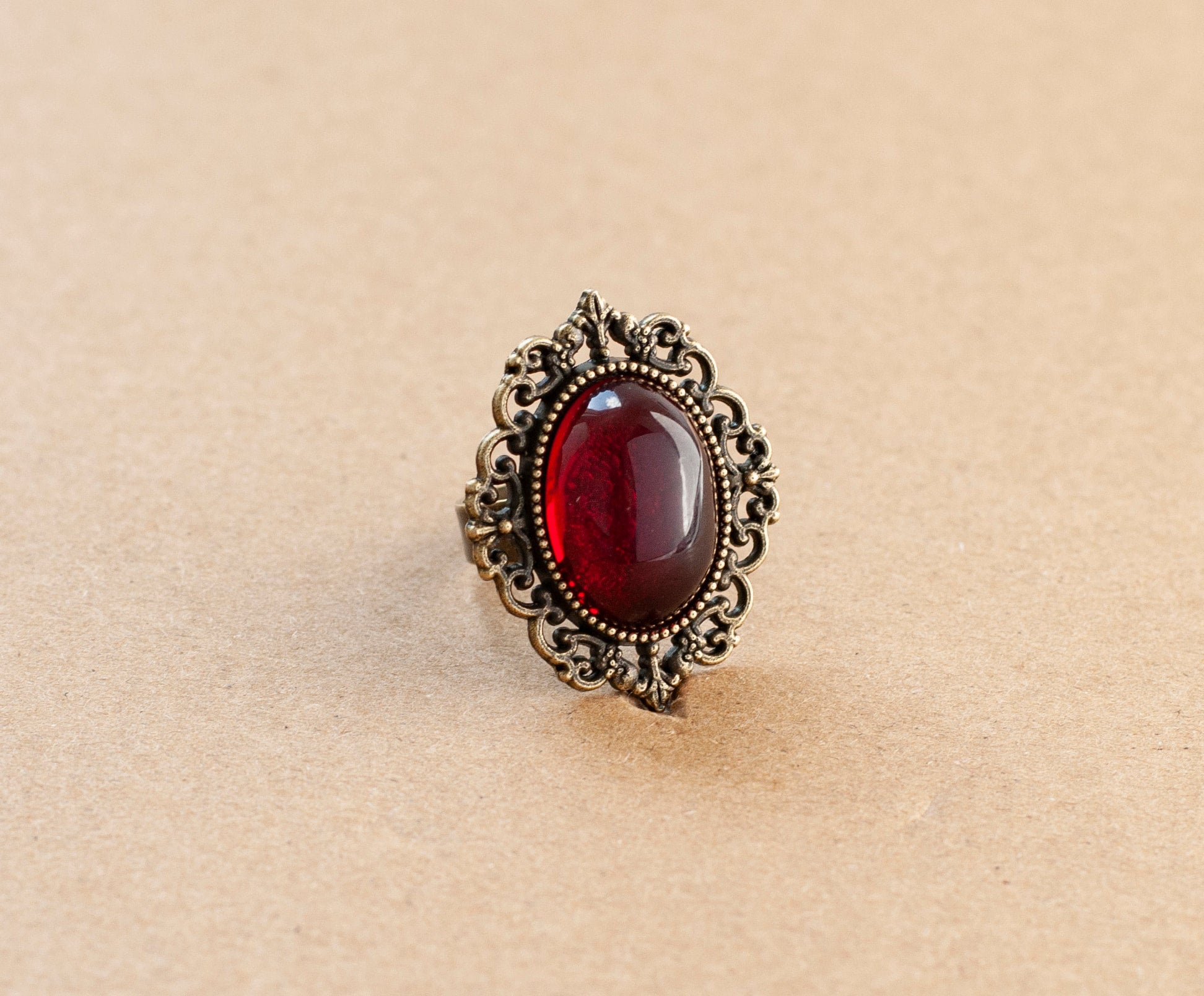 Dark Red Gothic Victorian Ring in Antique Bronze Filigree Setting