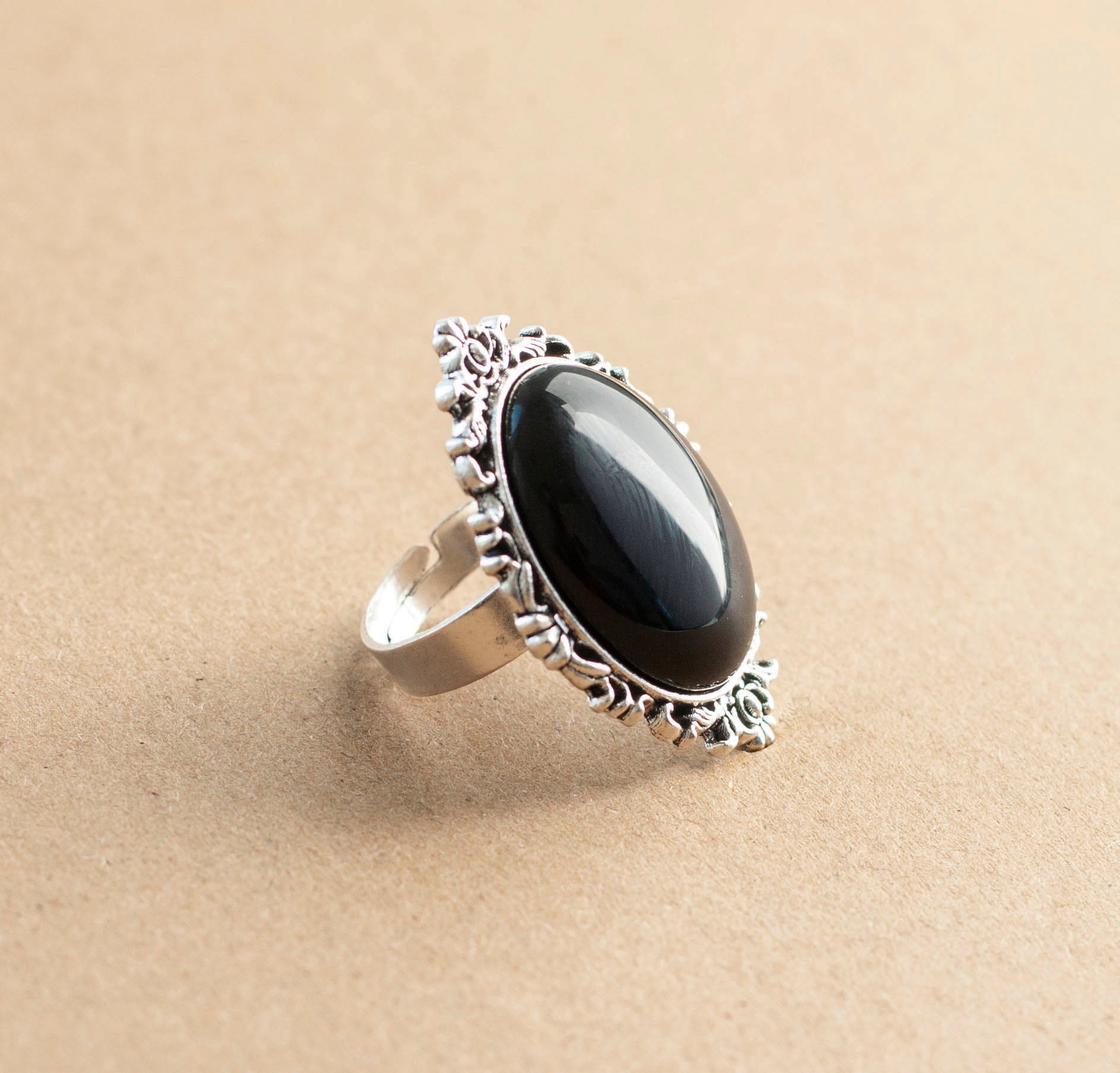 Gothic Victorian Black Onyx Filigree Ring