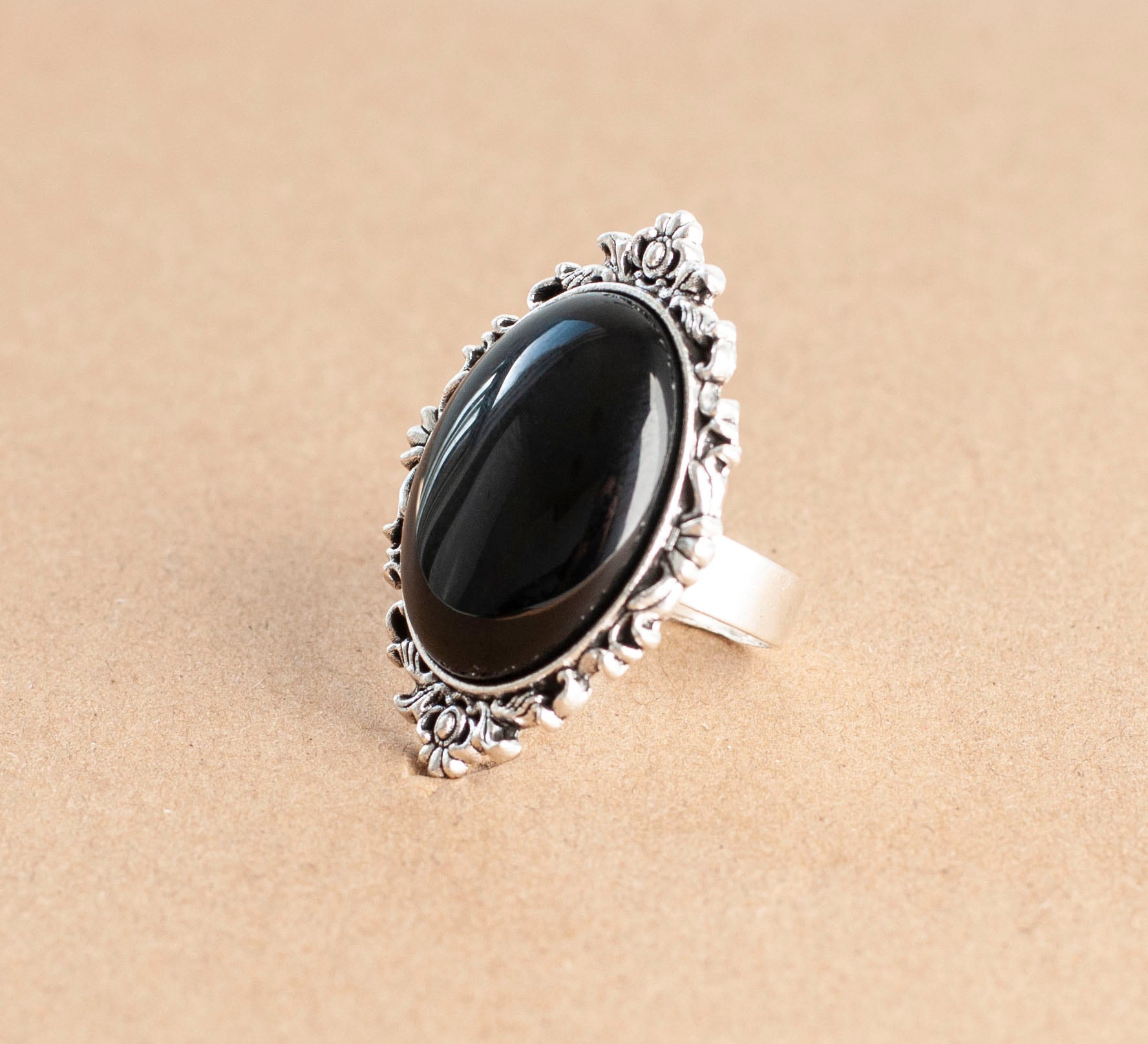 Gothic Victorian Black Onyx filigree Ring Decadent Designs
