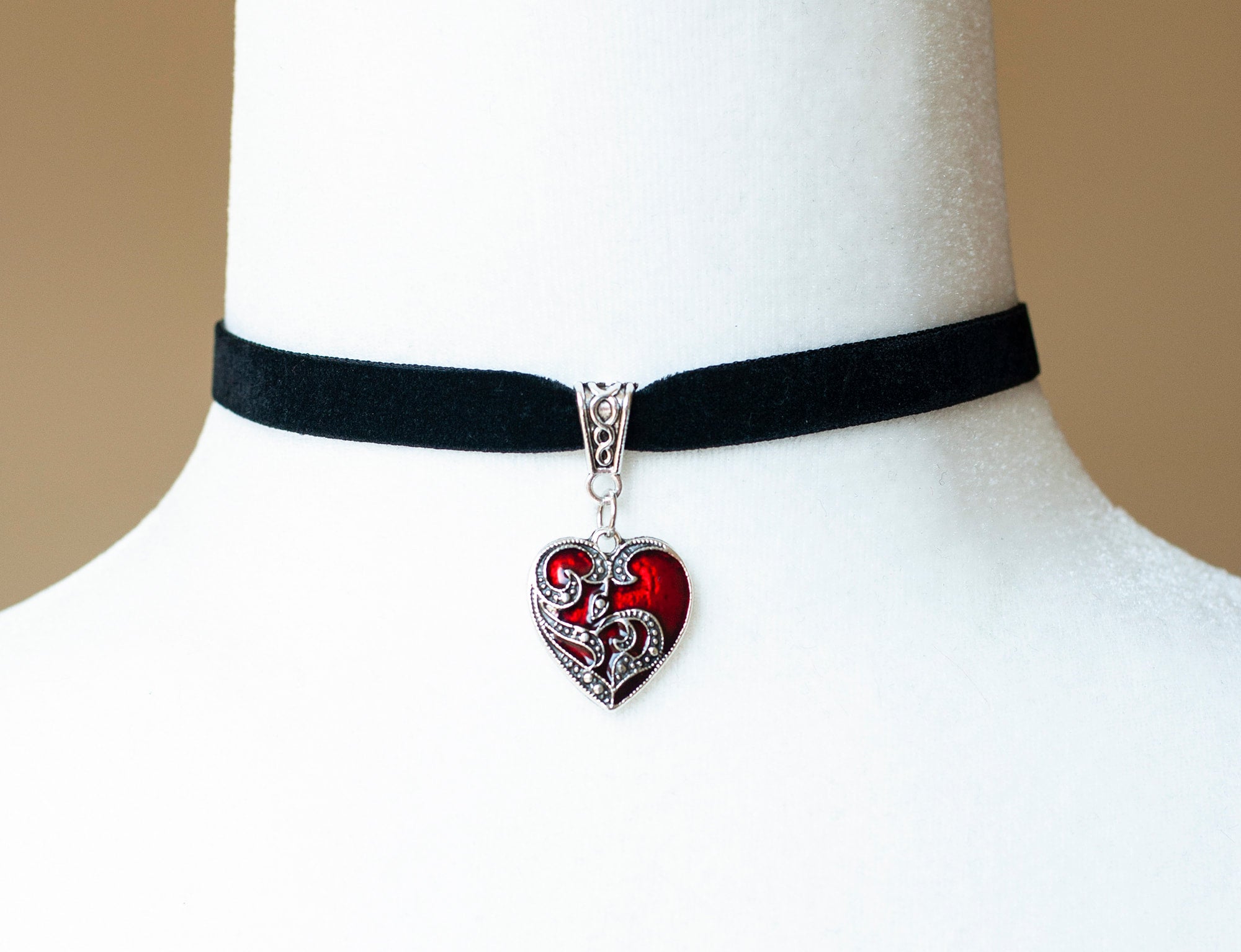 Black Velvet Choker with Red Heart shaped Filigree pendant