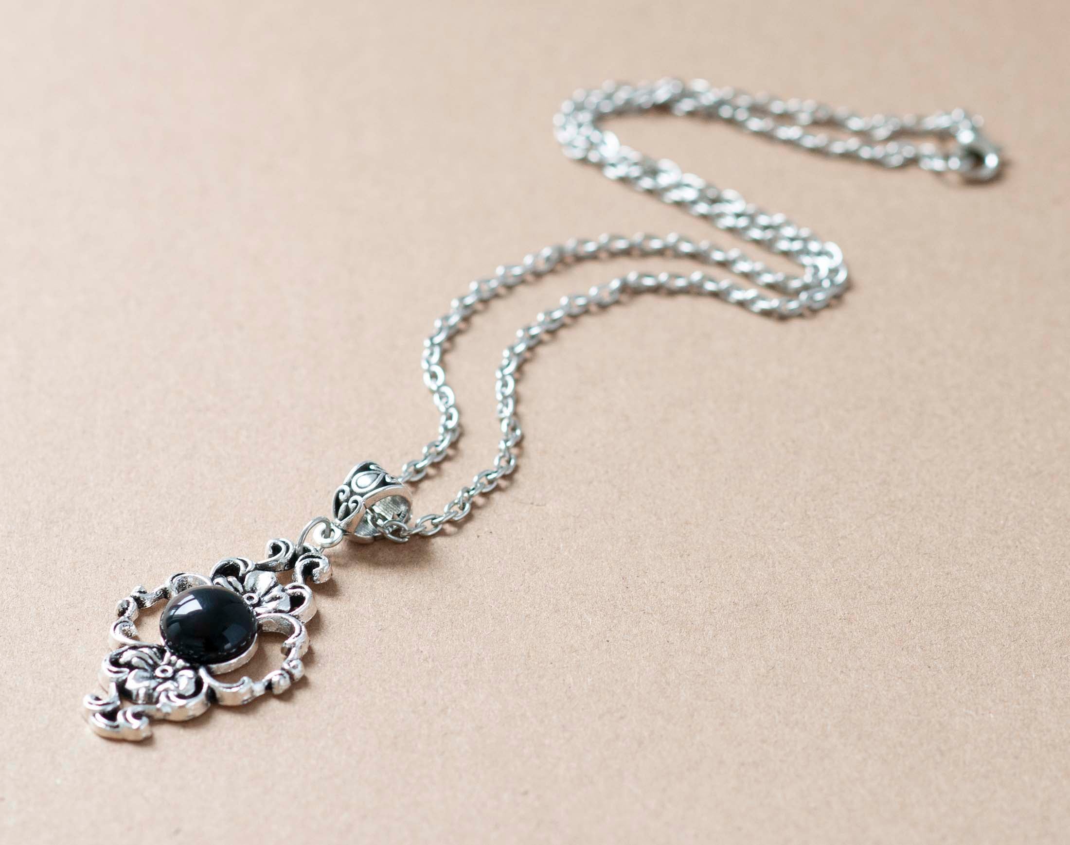 Gothic Victorian Antique Silver necklace with Black Agate stone