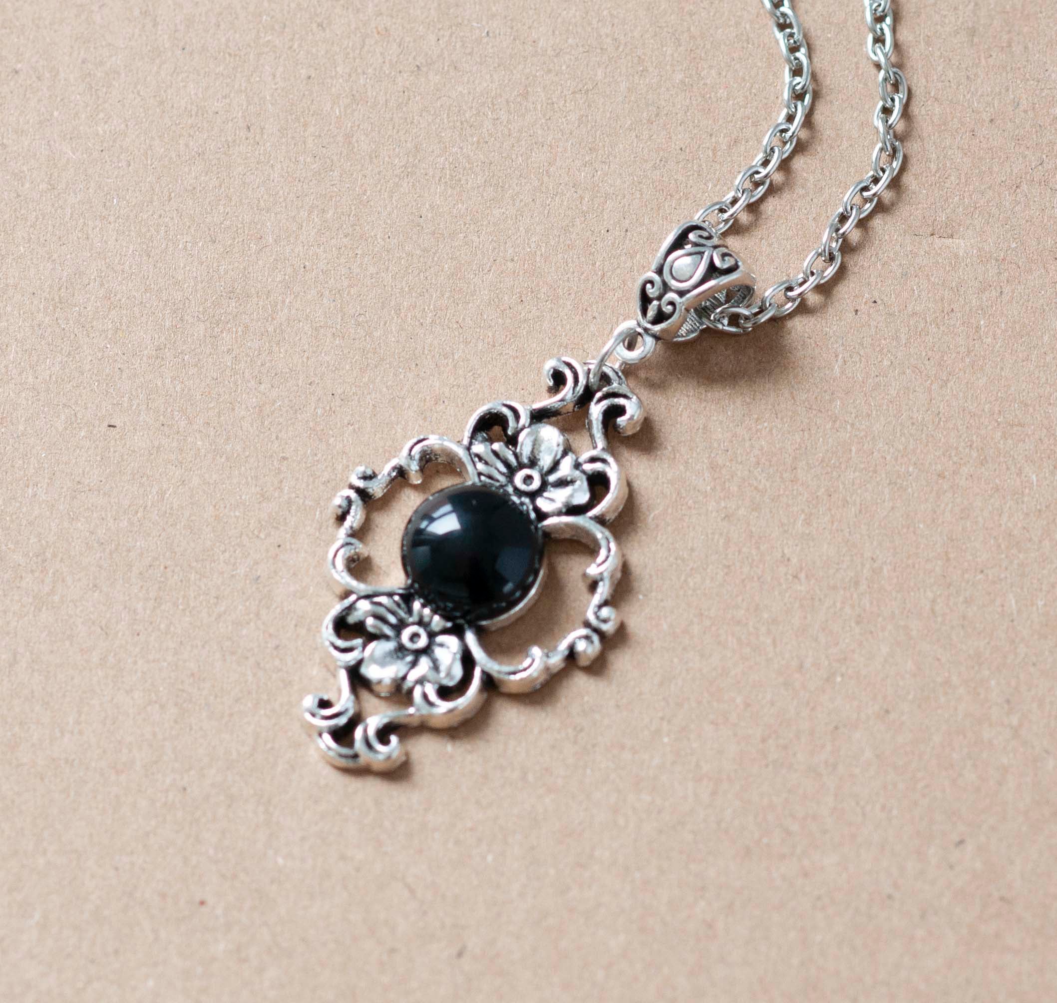 Gothic Victorian Antique Silver necklace with black Agate stone