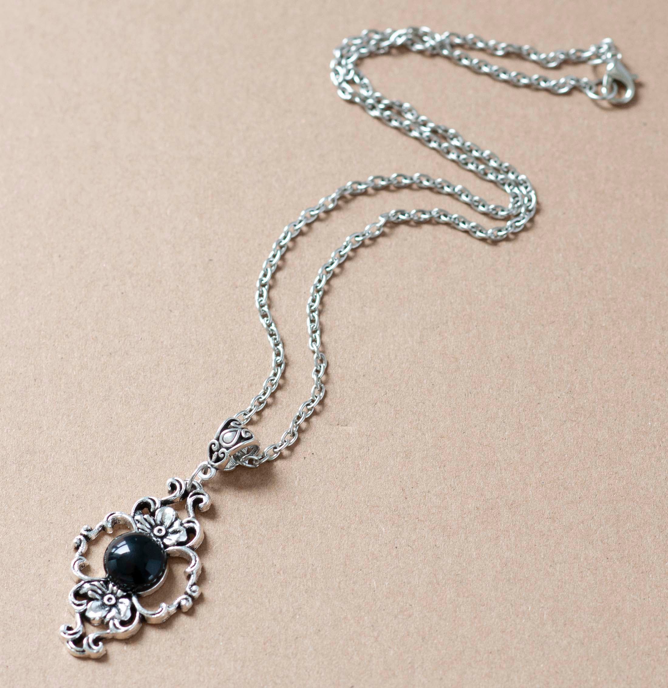 Gothic Victorian Antique Silver necklace with black Agate stone