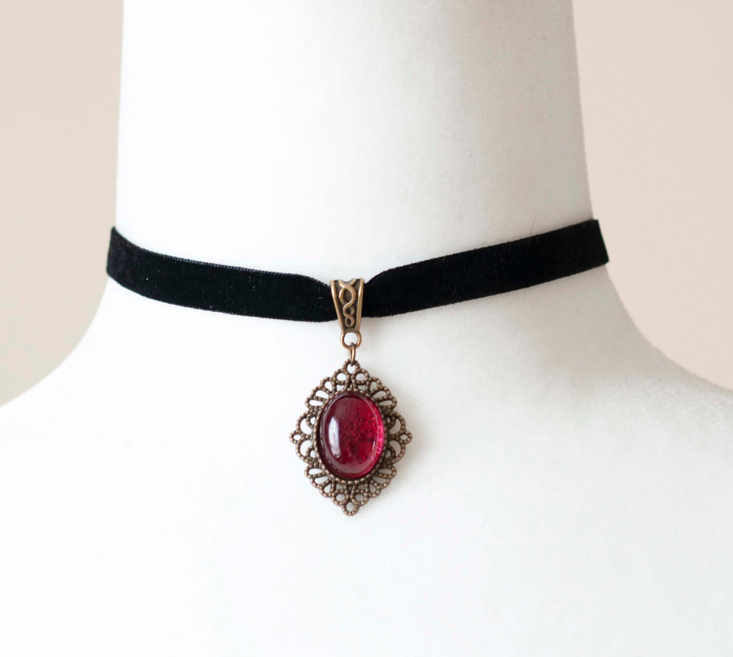 Gothic Black Velvet Choker with Blood Red pendant-Victorian Cameo