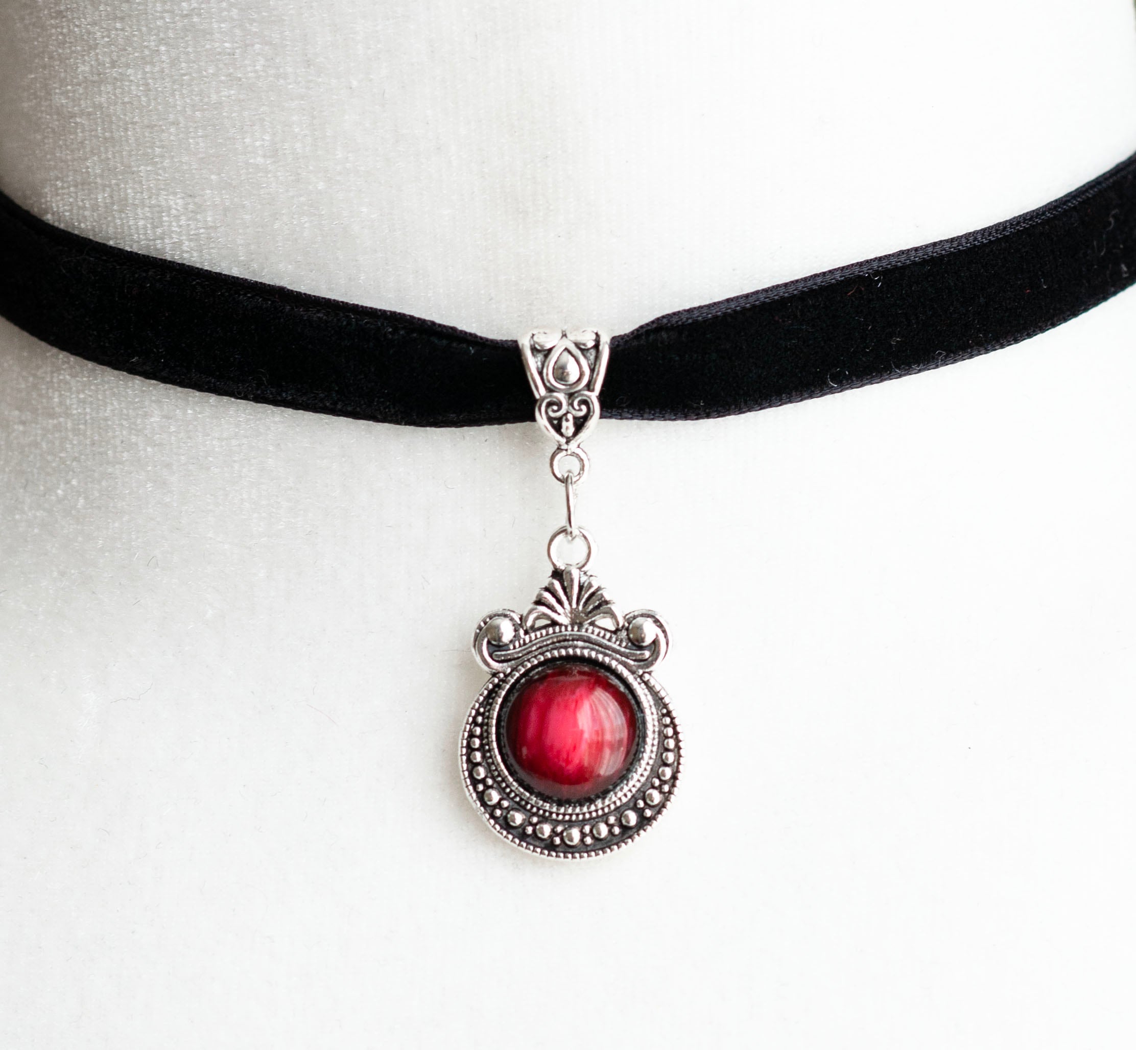 Black Velvet Choker with Filigree pendant and red cabochon