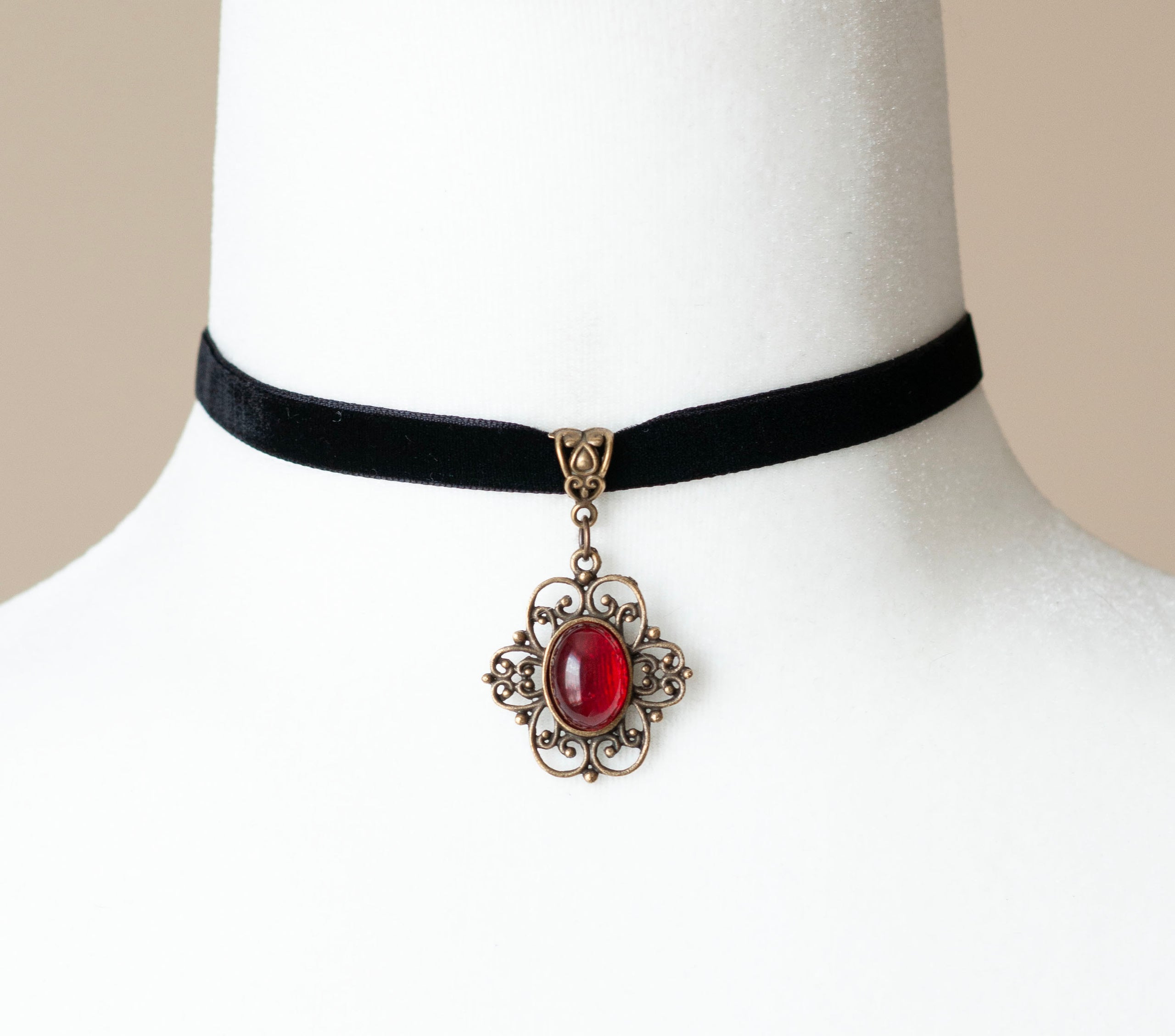 Gothic Black Velvet Choker with Red Filigree pendant Decadent Designs