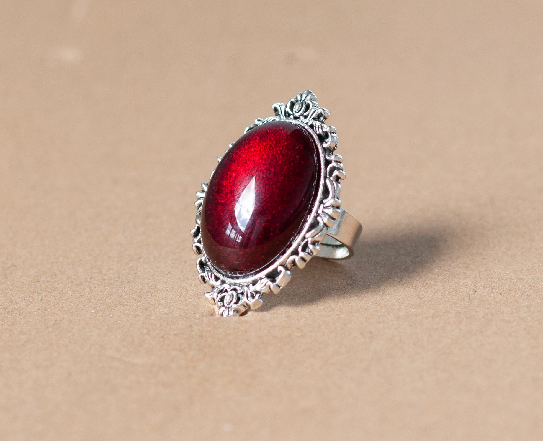 Large Gothic Victorian Ring with Red Stone Decadent Designs