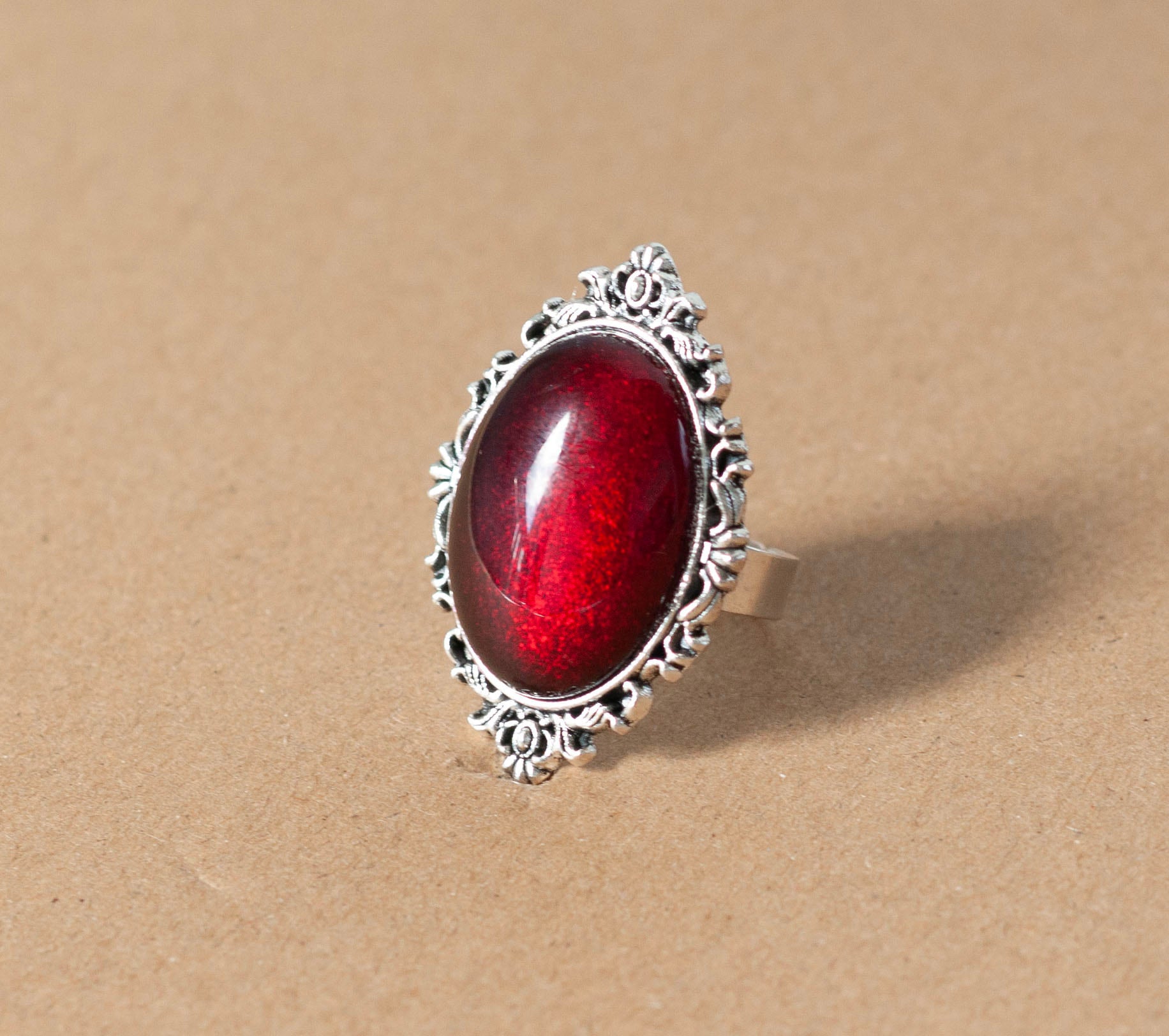Large Gothic Victorian Ring with Red Stone Decadent Designs