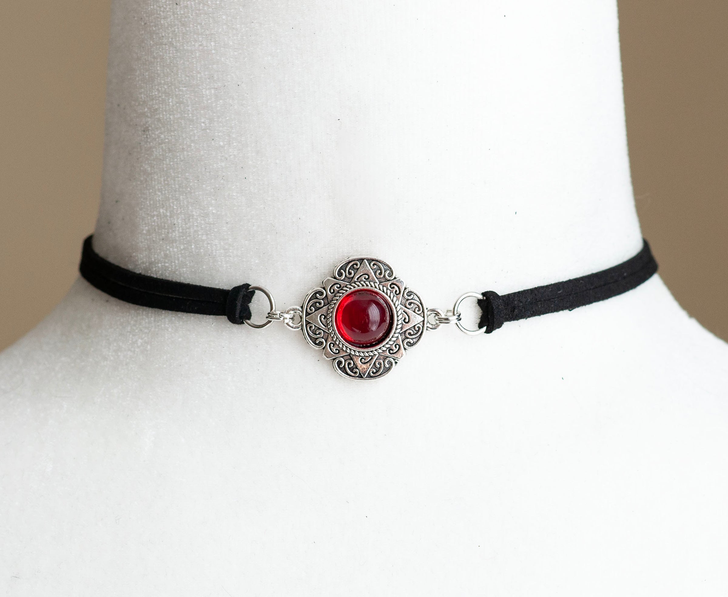 Black Suede Choker Necklace with Antique Silver Pendant and a Red stone Decadent Designs