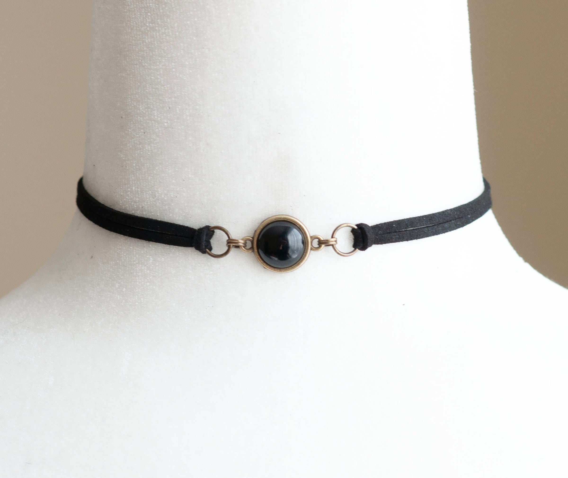 Black Suede Gemstone Choker Necklace in Antique Bronze Finish Black Agate Amethyst Rose Quartz Decadent Designs