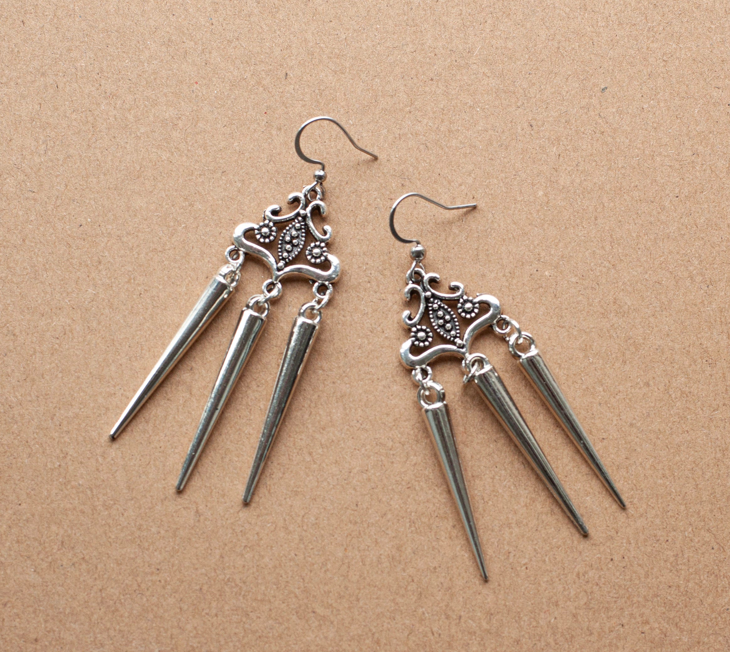 Gothic Filigree Earrings with Spikes in antique silver