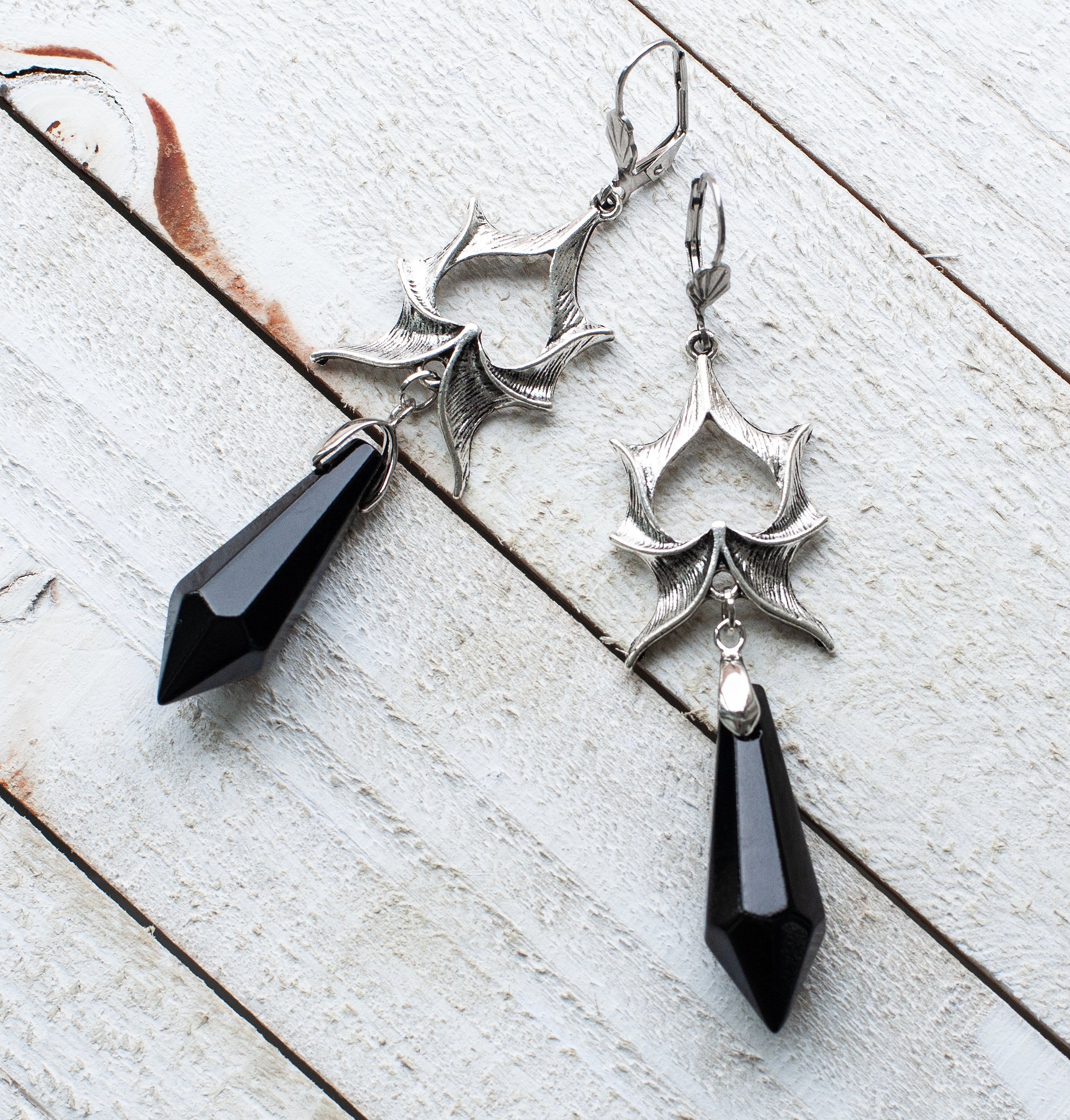 Gothic Dragon Wing Dangle Earrings with Large Crystals