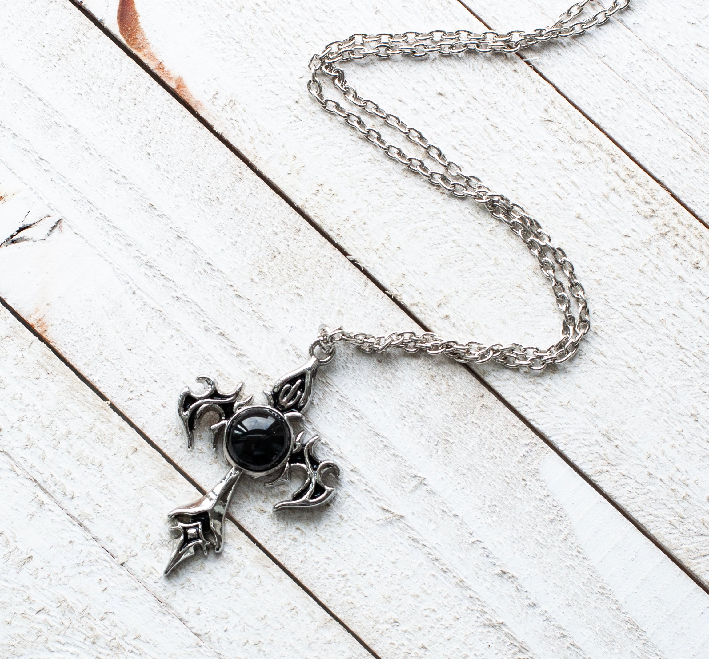 Gothic Cross Pendant Necklace with Black Agate Stone Medieval Jewelry Witchy Accessories Unisex Gift