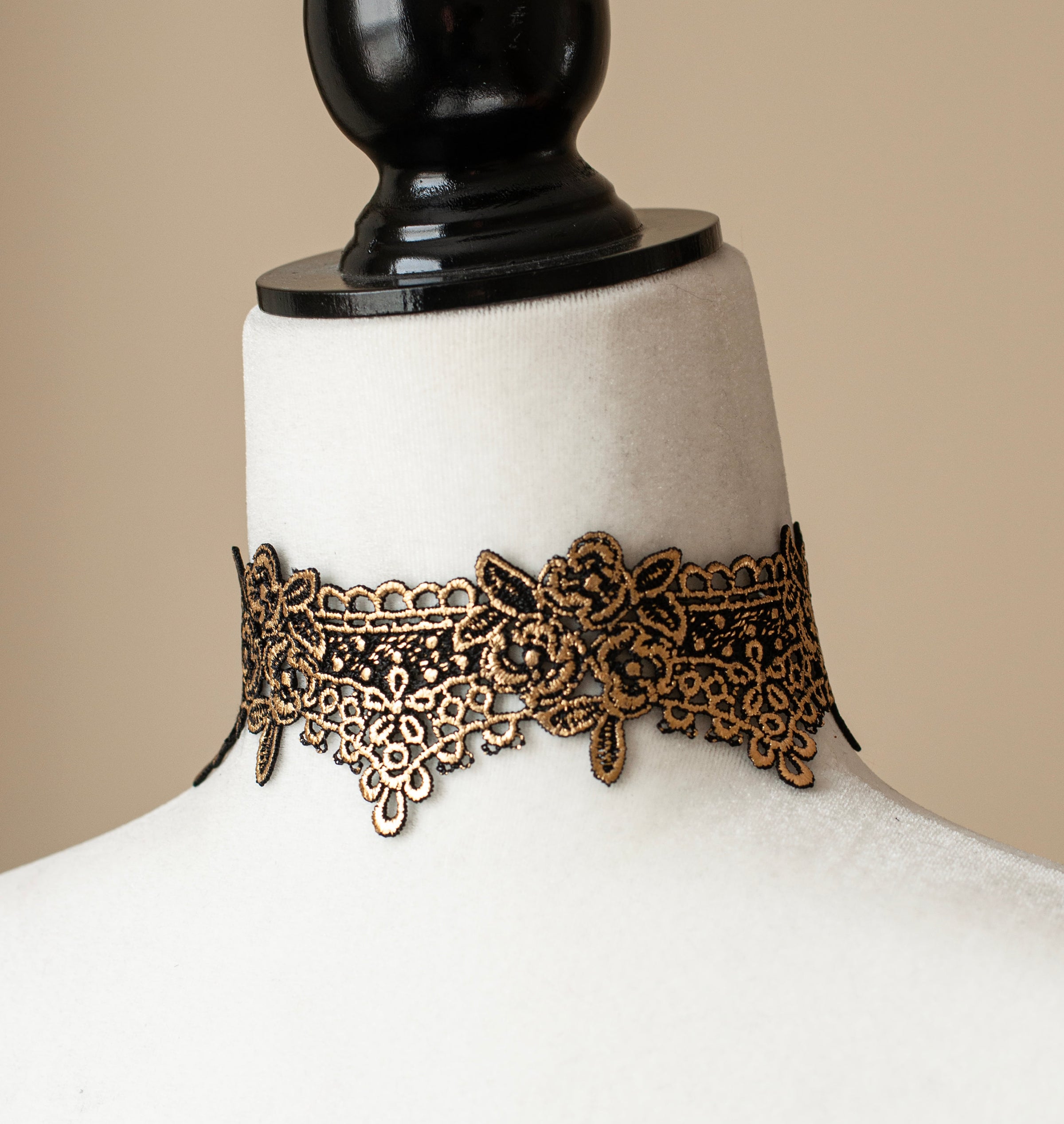 Gold and Black Lace Floral choker necklace Gothic Victorian Collar Decadent Designs