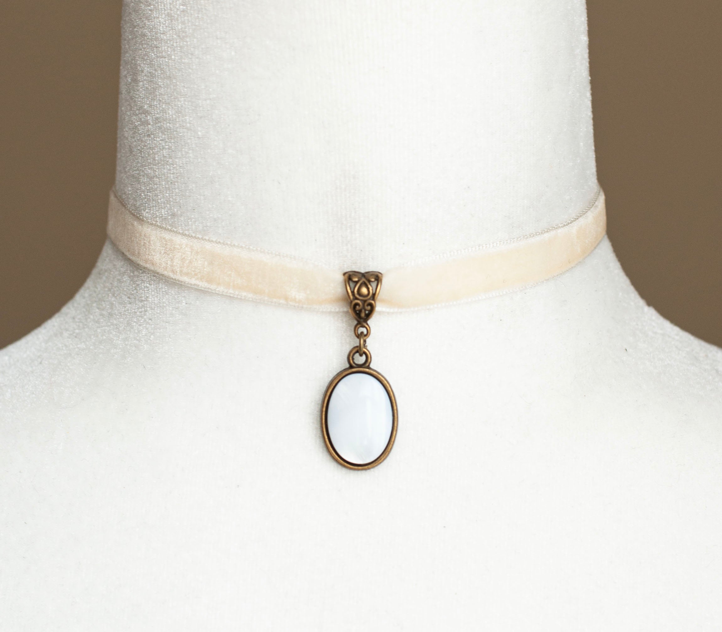 Cream Velvet Choker with Pearl Shell Pendant Decadent Designs